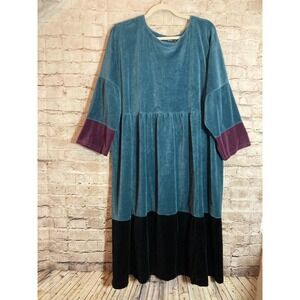 Gudrun Sjödén Velour Dress XL Organic Cotton Blue Colorblock Midi Artsy Babydoll